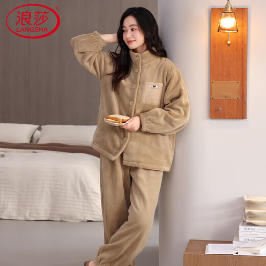 LangSha Couple Pajamas Autumn and Winter Flannel Plus Velvet Warm Wearable Anti-static High-end Men's and Women's Home Clothing Set 1507 Female L