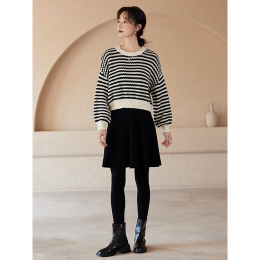 Fabersa brand black and white striped round neck long-sleeved sweater for women 2025 autumn and winter new loose large size versatile top black and white striped M