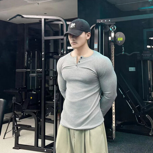 Chuangjingyi chooses fitness long-sleeved American Henry shirt long-sleeved threaded cotton retro men's tough guy raglan fitness show big Henry collar T Henry short-sleeved (black) M suitable for 50-60kg_tight slim fit