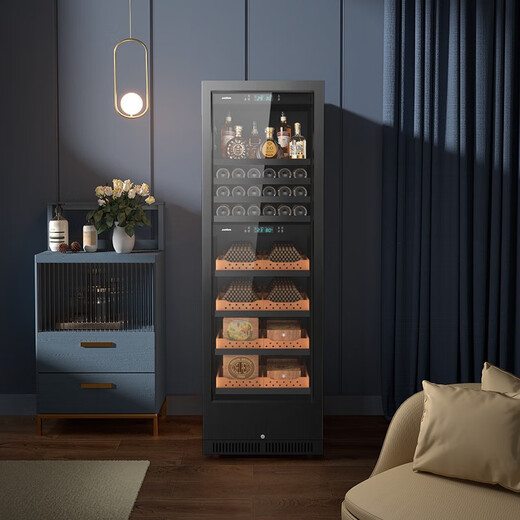 JUSTOWN Dual Compressor Stainless Steel Rose Gold Dual Temperature Red Wine and Cigar Integrated Cabinet Red Wine Cabinet Home Cigar Cabinet Constant Temperature and Humidity 1.88m Dual Compressor + Black Titanium + Wine Rack + Fingerprint Code Lock