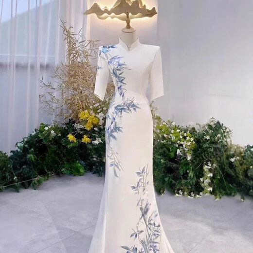 Wenmi Music Student Art Examination Dress Women's Satin Light Luxury Niche New Chinese Style White Waist Long Evening Vocal Performance Guzheng White S