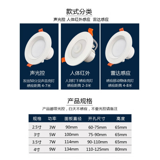 Датчик человеческого тела Yunpo, потолочный светильник, потолочный светильник для коридора, ведро, прожектор со звуковым управлением, инфракрасный радар, светодиодный датчик, потолочный светильник, инфракрасный датчик, потолочный светильник, 4 дюйма, 9 Вт (отверстие 110-125 мм)