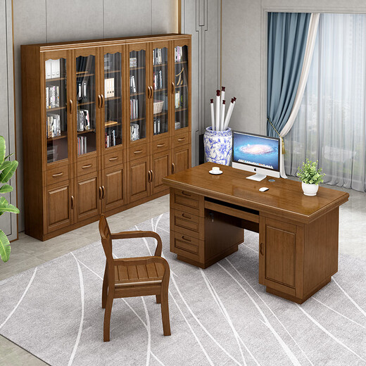 Rulan solid wood desk boss desk and chair combination new Chinese style executive desk home computer desk writing desk 1.4 meters desk walnut color