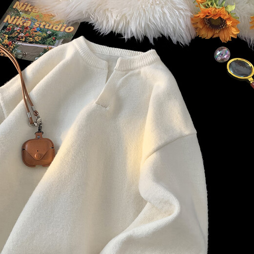 Pocket Henry collar sweater for men in autumn and winter new trendy brand thickened warm sweater youth loose versatile inner base shirt off-white XL 135-150Jin Jin equals 0.5 kg