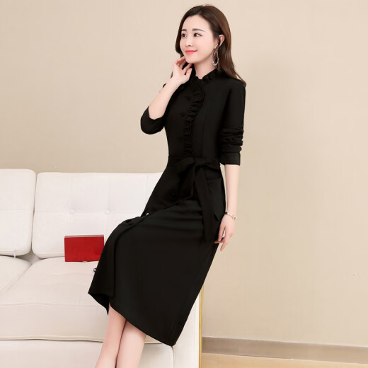 GuDiSi dress 2020 professional skirt women's commuting mid-length slim long-sleeved A-line skirt black