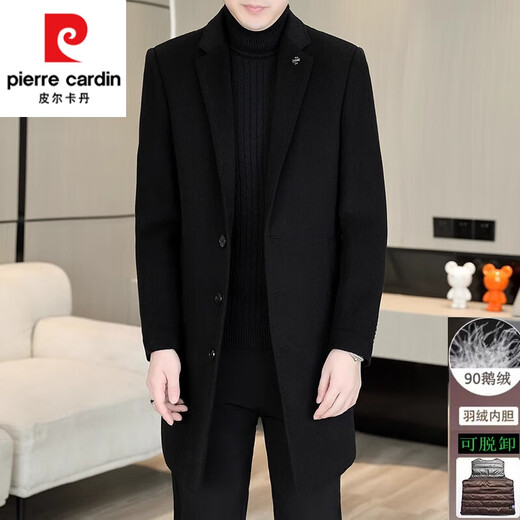 皮尔卡丹（pierre cardin）鹅绒内胆羊毛双面呢外套男士加厚毛呢大衣男秋冬中长款羊 绒风衣 卡其色MN5582【西装领羊毛双面呢 L (110-125斤)