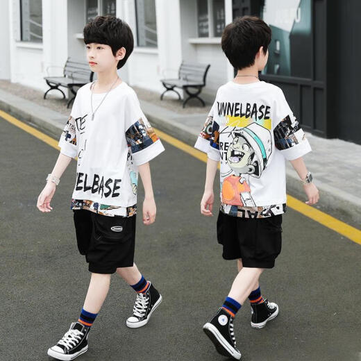 Luozhoudu Huzhou Zhili children's clothing boys summer short-sleeved T-shirts hit the street summer T-shirt handsome suit embroidered bear short-sleeved suit-white 100cm