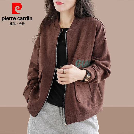 Pierre cardin cardigan sweater jacket ladies 2025 spring and autumn new fashionable age-reducing versatile baseball uniform fashion jacket top dark gray XL recommended 115Jin [Jin equals 0.5 kg]-130Jin [Jin equals 0.5 kg]