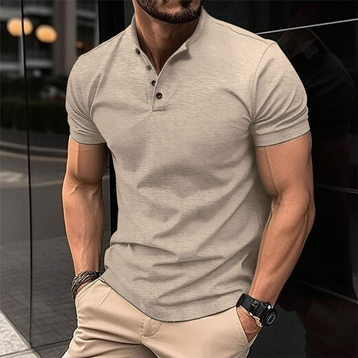 MISHIDE T-shirt (MISHIDE) T-shirt for men with slim fit muscle fitness Henry shirt summer short-sleeved men's business commuting top Black 2XL 150-190Jin [Jin equals 0.5 kg]