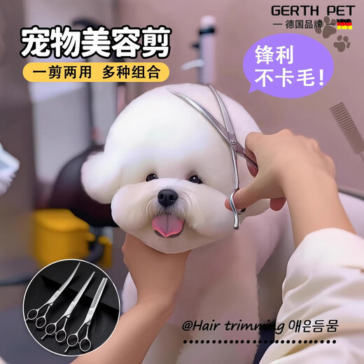 GERTHRON German dog shearing scissors, pet grooming tool set, curved scissors, cat Bichon Teddy professional hair trimming, flat scissors + dental scissors + crescent scissors, special for pets, sharp and non-stuck