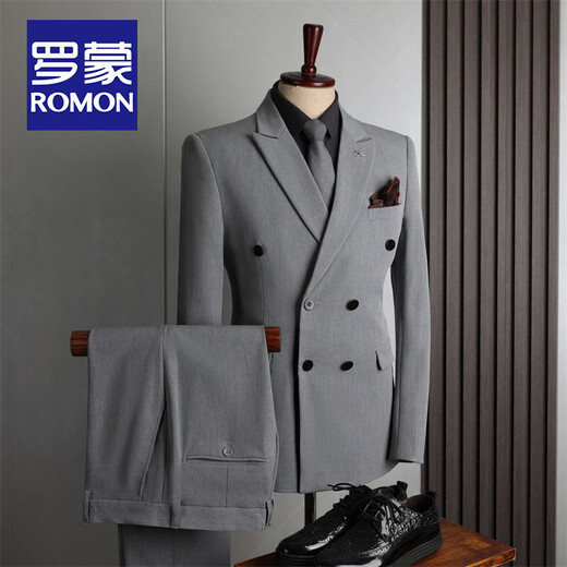 ROMON suit men's British style double-breasted business casual suit three-piece suit groom wedding dress small suit men black three-piece suit (suit+vest+trousers) 50/L size free brooch+pocket square