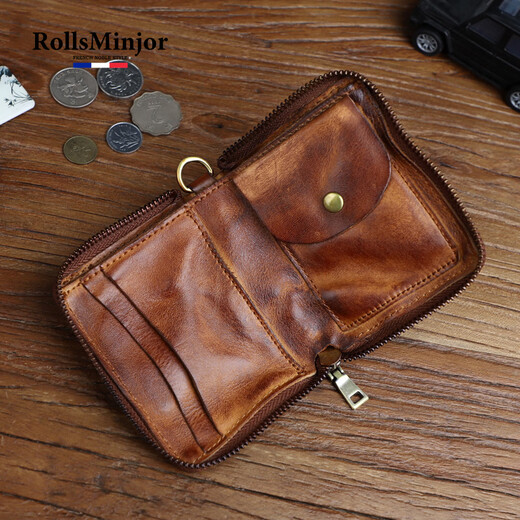 RollsMinjor genuine leather wallet men's short vertical handmade vegetable tanned head layer cowhide retro zipper wallet middle-aged and youth gift box Coffee color 9*2.5*12CM