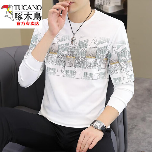Woodpecker (TUCANO) 2025 Spring and Autumn New Men's European Long Sleeve T-shirt with Fat and Large Size Sweater Men's Personal Base Shirt Top Thin [Spring and Autumn] 6628 White M 90-115Jin [Jin equals 0.5 kg]