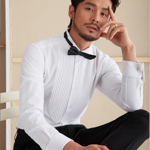 CULTUM法式胸前风琴褶正式礼服衬衫男翼型领商务修身晚宴长袖衫衣 白色 不包含领结和袖扣 XL