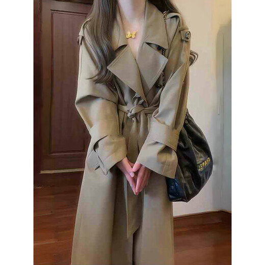 
GARNUO khaki windbreaker jacket for women mid-length 2025 new spring and autumn small high-end silhouette casual coat khaki S[80-110Jin[Jin equals 0.5 kg]]