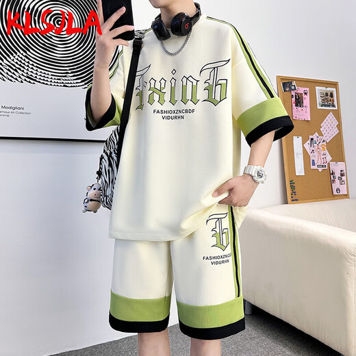 KLSJLA休闲套装男夏季潮牌冰丝运动短袖短裤男装一套搭配青少年帅气衣服 DT681米白套装 M 170 (约110-125斤可穿)