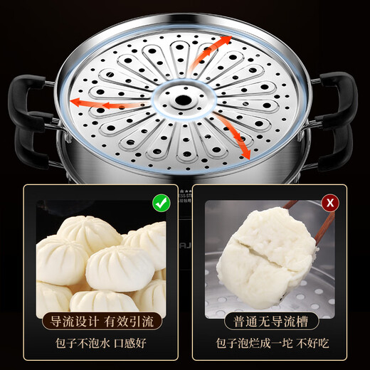 Huajida steamer 304 stainless steel household steamed buns multi-layer three-layer double-layer large cage induction cooker gas stove universal HUAJD upgraded anti-scald handle 32cm three layers