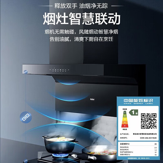 海尔（Haier）EC719UD家用抽油烟机25立方大吸力不沾油 高频自清洁 挥手智控 手机智控一级能效 厨房烟灶套装 【单烟机国补】25立方一级能效大吸力EC719UD