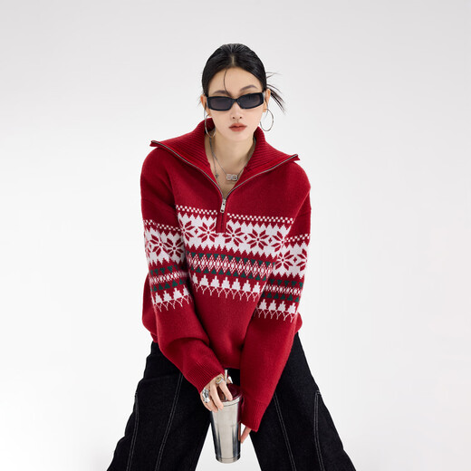 ICH MODE Fair Isle half-zip pullover red sweater women's spring new sweater jacket red M