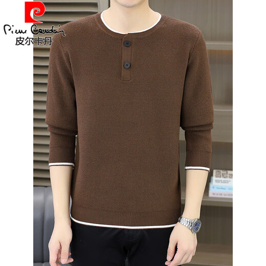 Pierre Cardin autumn and winter new Henry collar button sweater men's casual jacquard pullover fake two-piece sweater trendy apricot M 90-105Jin Jin is equal to 0.5 kg