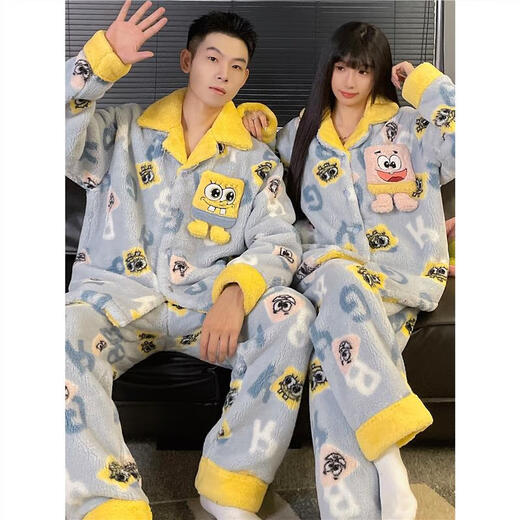 Cut Rain and Rainbow Spongebob Couple Pajamas Women's Coral Fleece Autumn and Winter Plus Velvet Thickened Flannel Men's Home Clothing Set 59918 Crayon Shin-chan Upgraded Version Thickened and Warm L Male Size Recommended Weight 110-120 Jin Jin equals 0.5 kg