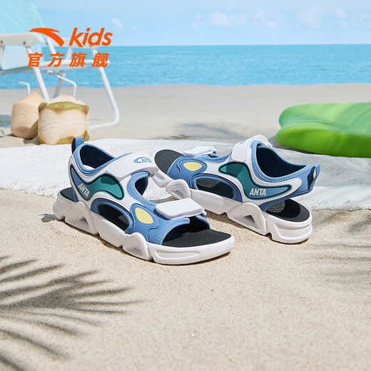 ANTA Children's Sandals Boys' Shoes 2024 Summer Mid-Grade Children's Breathable Outdoor Sports Shoes Casual Beach Shoes Student Shoes Boys' Era Blue/Anta White-1 33 Size