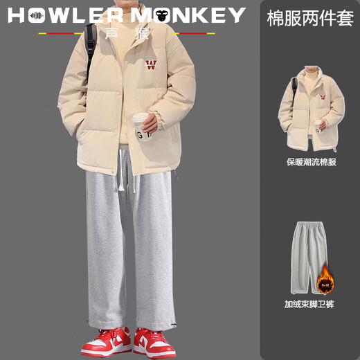 Sound Monkey Winter Thickened Cotton Warm Jacket Casual Loose Trendy Brand Boys Cotton Jacket Plus Velvet Pants Handsome Fashion Suit Dark Gray Jacket + Black Turtleneck Sweater + Black Velvet Leggings XL