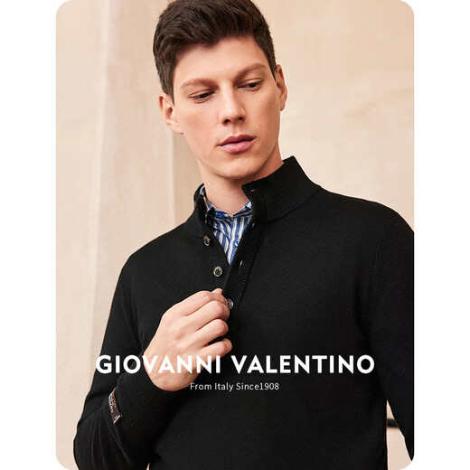 卓凡尼·华伦天奴（GIOVANNI VALENTINO）纯羊毛半开领套头毛衣针织衫男装男款半高领羊毛衫 黑色 XL 