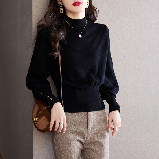 Shexi (Srcr) pure wool sweater half turtleneck sweater for women autumn and winter small lantern sleeve knitted bottoming shirt with top