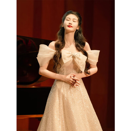 ACJK champagne color evening dress light luxury niche high-end student day art exam adult ceremony host stunning temperament one shoulder picture color THN037 S