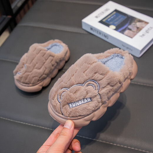 Aya Garden Eagle parent-child winter new cotton slippers for girls, non-slip indoor medium and large children's slippers for boys, soft-soled furry shoes, gray, upgraded and thickened, 21, 35-36 sizes, inner length 21cm