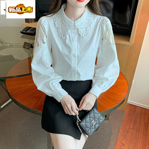 初径刺绣棉衬衫女2025年秋装新款时尚绣花白色衬衣宽松百搭长袖上 CY9227 黑色 L 【建议111-120斤】