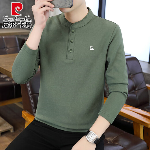 Pierre Cardin (Pierre Cardin) stand collar long-sleeved T-shirt men's spring and autumn inner layering shirt autumn and winter trendy Henley collar sweatshirt plus velvet top white M
