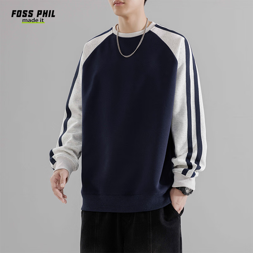Foss Phil撞色卫衣男秋冬季休闲潮牌宽松圆领美式T恤打底衣8891藏青色XL