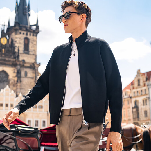 Mr. Bu Stand Collar Double Zipper Wool Cardigan 2025 Autumn Raglan Sleeve Double Pocket Jacket Men PT15573 Piano Black 2XL (185)