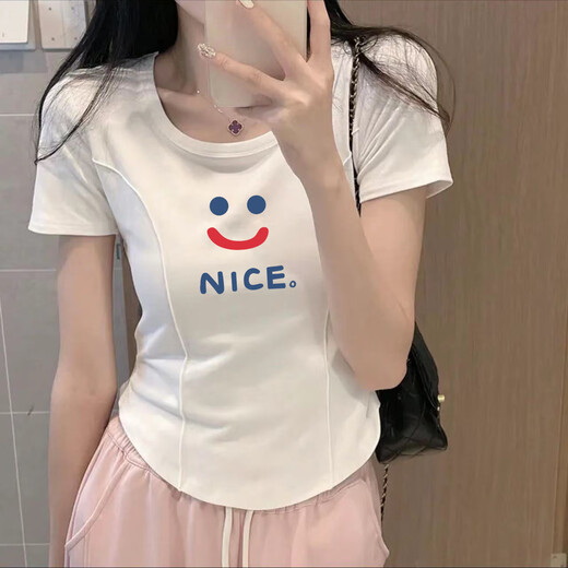 UZSC Camiseta de manga corta con dobladillo curvado irregular ajustada al hombro derecho de algodón para mujer en verano para personas pequeñas para pellizcar la cintura y lucir un top adelgazante de moda 869-blanco 112 M