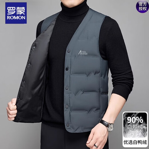 ROMON men's V-neck white duck down vest vest in autumn and winter daddy's outfit warm sleeveless vest top men's jacket 9904 black 170/M