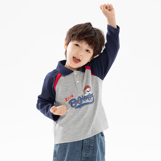 Paw Paw Team makes great contributions to boys' long-sleeved T-shirt POLO collar children's bottoming shirt boys' tops trendy and cool flower gray 120cm