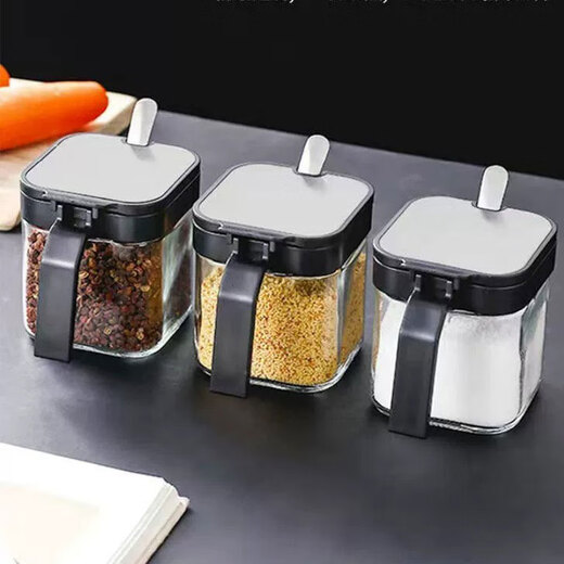 Kitchen solution seasoning box container seasoning jar combination kitchen supplies salt shaker sealed glass storage box 4-piece set with base