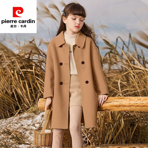 Pierre Cardin girls double-sided woolen coat 2023 autumn and winter new style children's lapel velvet coat medium and large children's woolen coat khaki 160