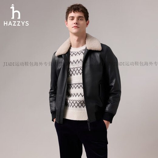 HAZZYS 2025 Autumn New Men's Removable Fur Collar Filled Leather Top Official Authentic Black M 170/92A 46