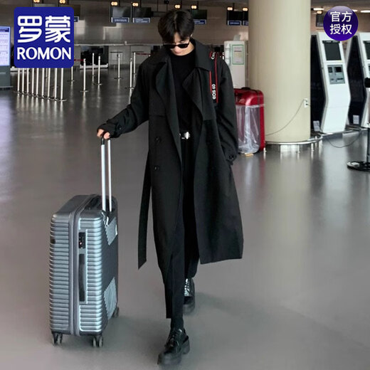 ROMON Korean windbreaker men's mid-length knee-length Korean style loose double-breasted coat autumn and winter thickened trendy coat black M