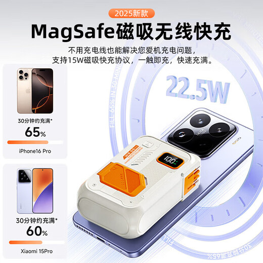 Elafo 3C certified, can be used on airplanes, magnetic power bank 20,000 mAh, comes with plug, Magsafe fast charge, comes with cord, large-capacity mobile power supply, five-in-one, suitable for Apple, flagship version | 20,000 mAh, magnetic + AC plug + comes with cord, beige orange