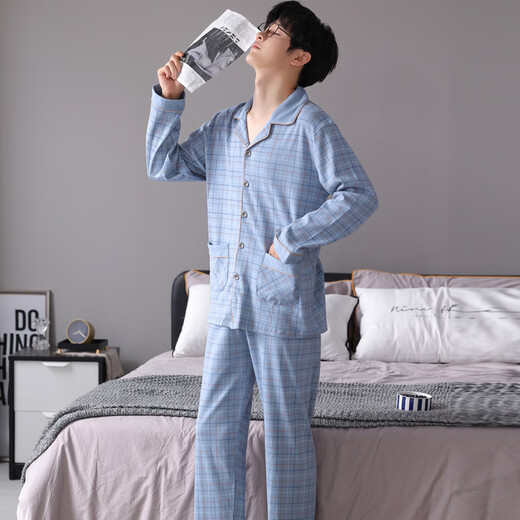 Cat Man Pure Cotton Pyjamas Herren Frühling und Herbst Langarmhose großer Größe lässig losen Heimkleidung Set Alle Baumwolle können äußere Verschleiß 3880 Hellblau M [vorgeschlagen 90-110jin [Jin gleich 0,5 kg]]