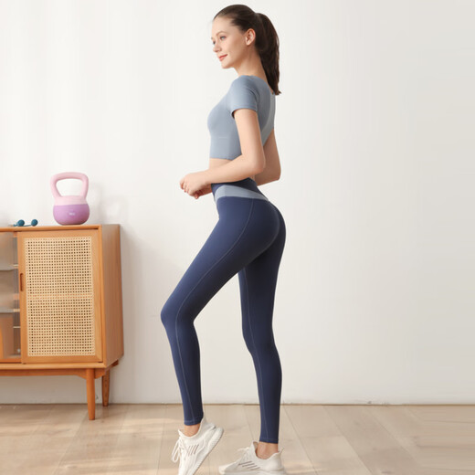 Hui'ang Sports Suit Women's Yoga Wear Women's Running Fitness Wear Quick-Drying T-shirt with Breast Pad Color-blocking Short Sleeve Pants Blue M