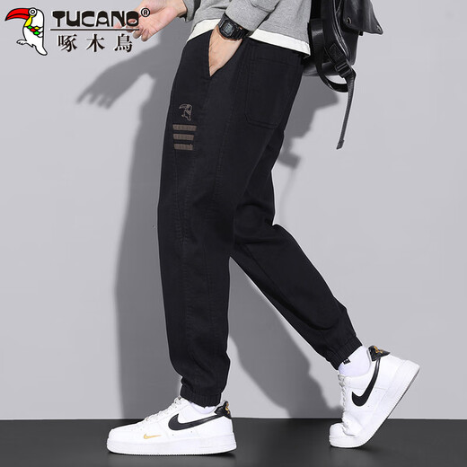 Woodpecker (TUCANO) casual pants for men in spring and summer loose trousers for men Korean style fashion workwear youth small feet trousers black XL