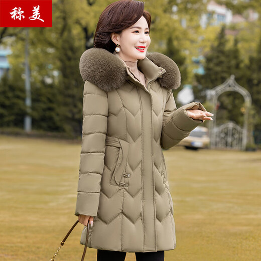 称美妈妈装秋冬季加绒厚棉衣连帽外套60岁中老年女装棉服时尚修身棉袄 3524卡其色 2X 适合105-115斤