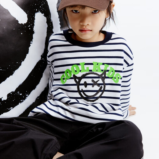 Little MO&Co. Children's clothing autumn new style pure cotton striped graffiti long-sleeved T-shirt for boys and girls KBD3TEE019 blue and white stripes 120 120/60