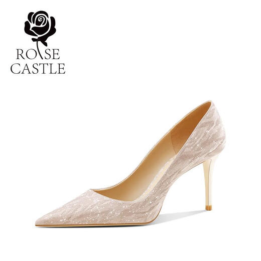 ROSE CASTLE水晶婚鞋女金色高跟日常婚纱两穿新娘订婚鞋敬酒单鞋 浅金色6.5cm6996 36