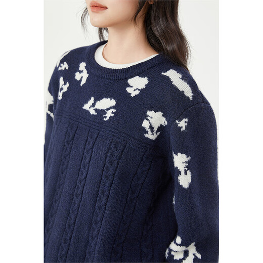 Birds and New Wine Round Neck Long Sleeve Wool Sweater Women's 2025 Winter New Blue Jacquard Sweater Women's Top Full Pattern Indigo HPH07 S